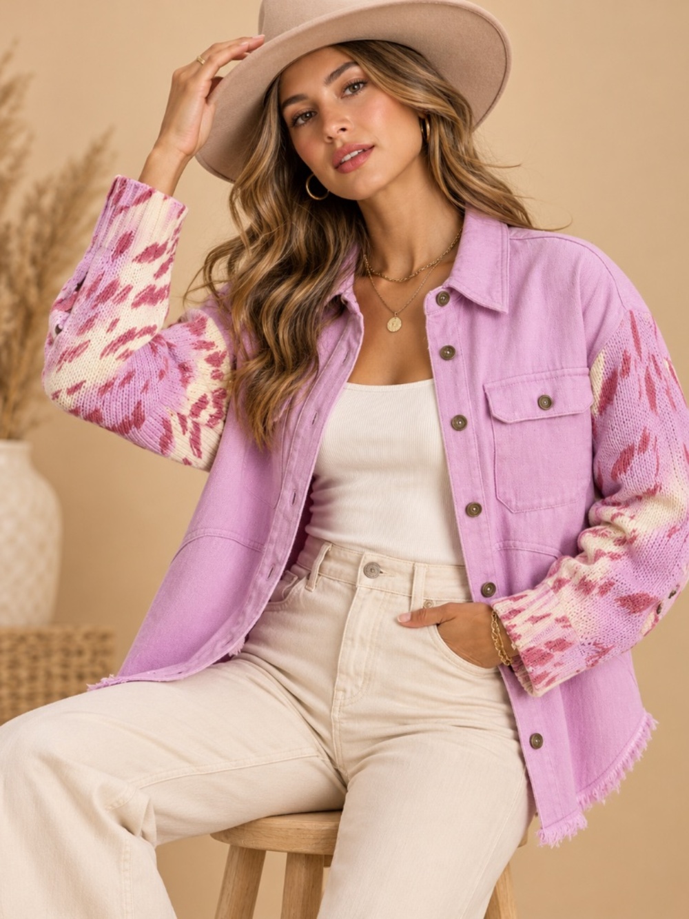 Umgee Lilac Mixed Media Knit Sleeve Button Front Shacket